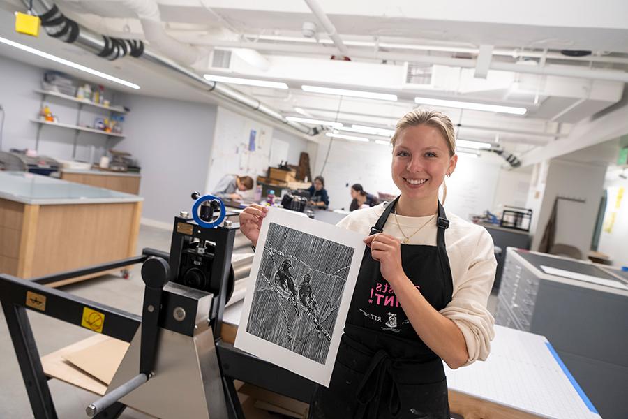 Student in printmaking class